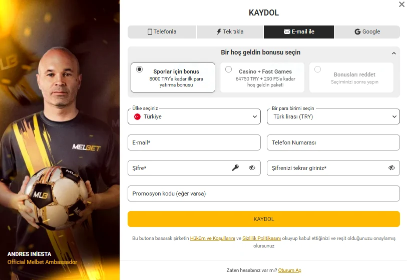 Melbet e-posta ile kayıt formu