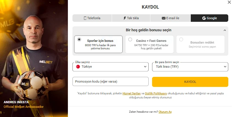 Melbet Google ile tek tık kayıt
