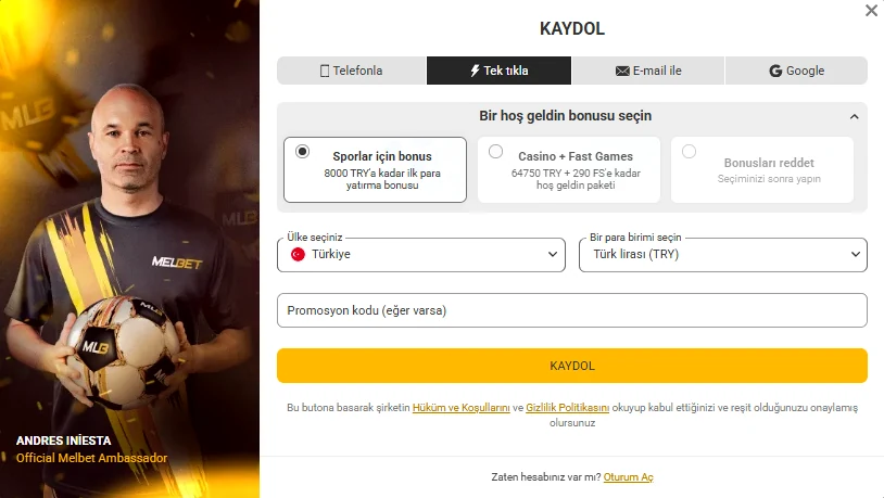 Melbet tek tıkla kayıt sekmesi